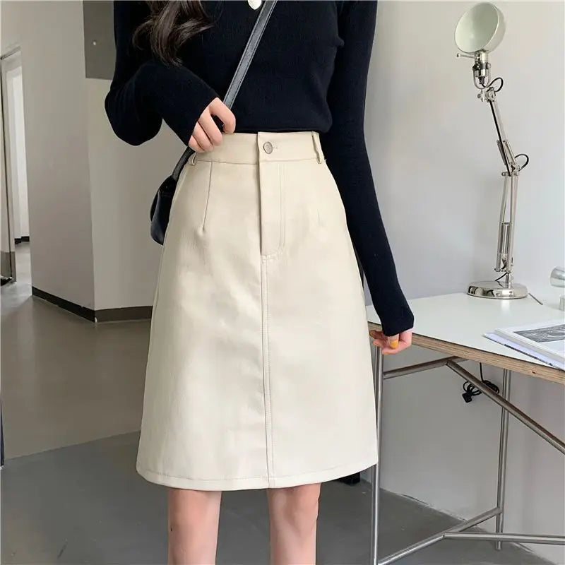 PU Skirts Women Harajuku Hipster Friends Korean Version Solid New Arrival Elegant Empire Minimalist Tender A-line Design Autumn