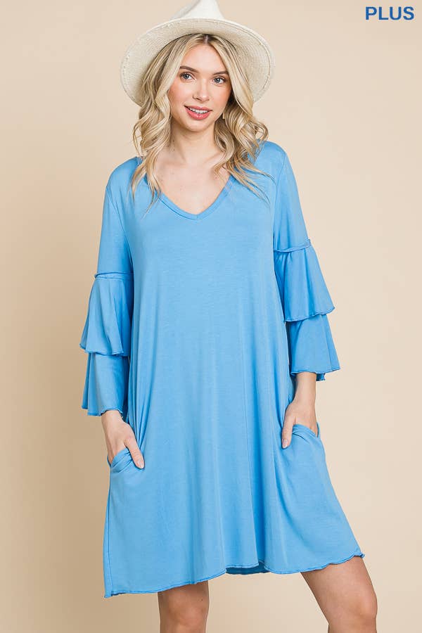 Plus Size V Neck Ruffle Sleeve A Line Dress