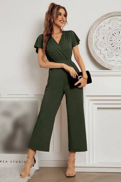 Short Sleeve Fit V Neck Jumpsuit