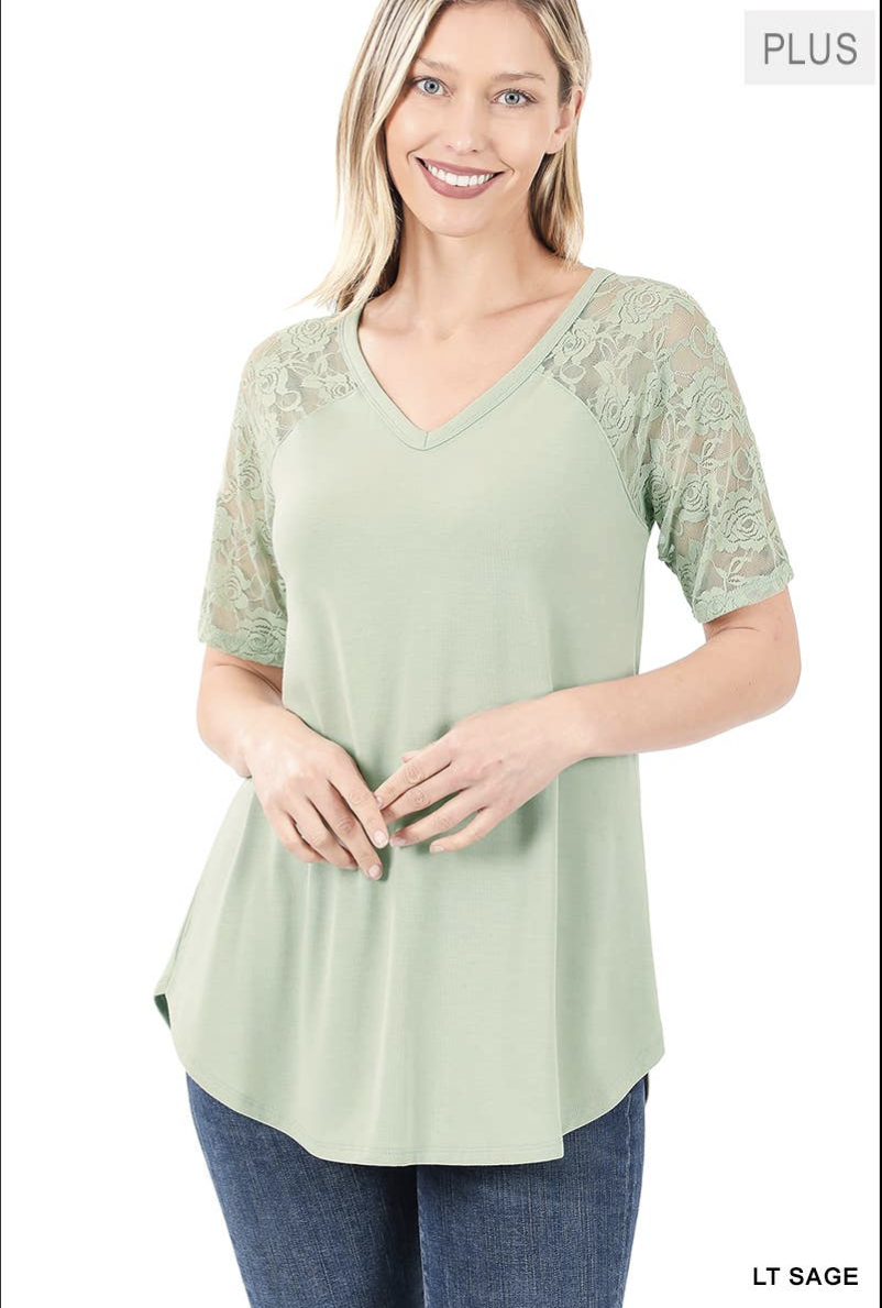 Lace Detail Short Sleeve V Neck