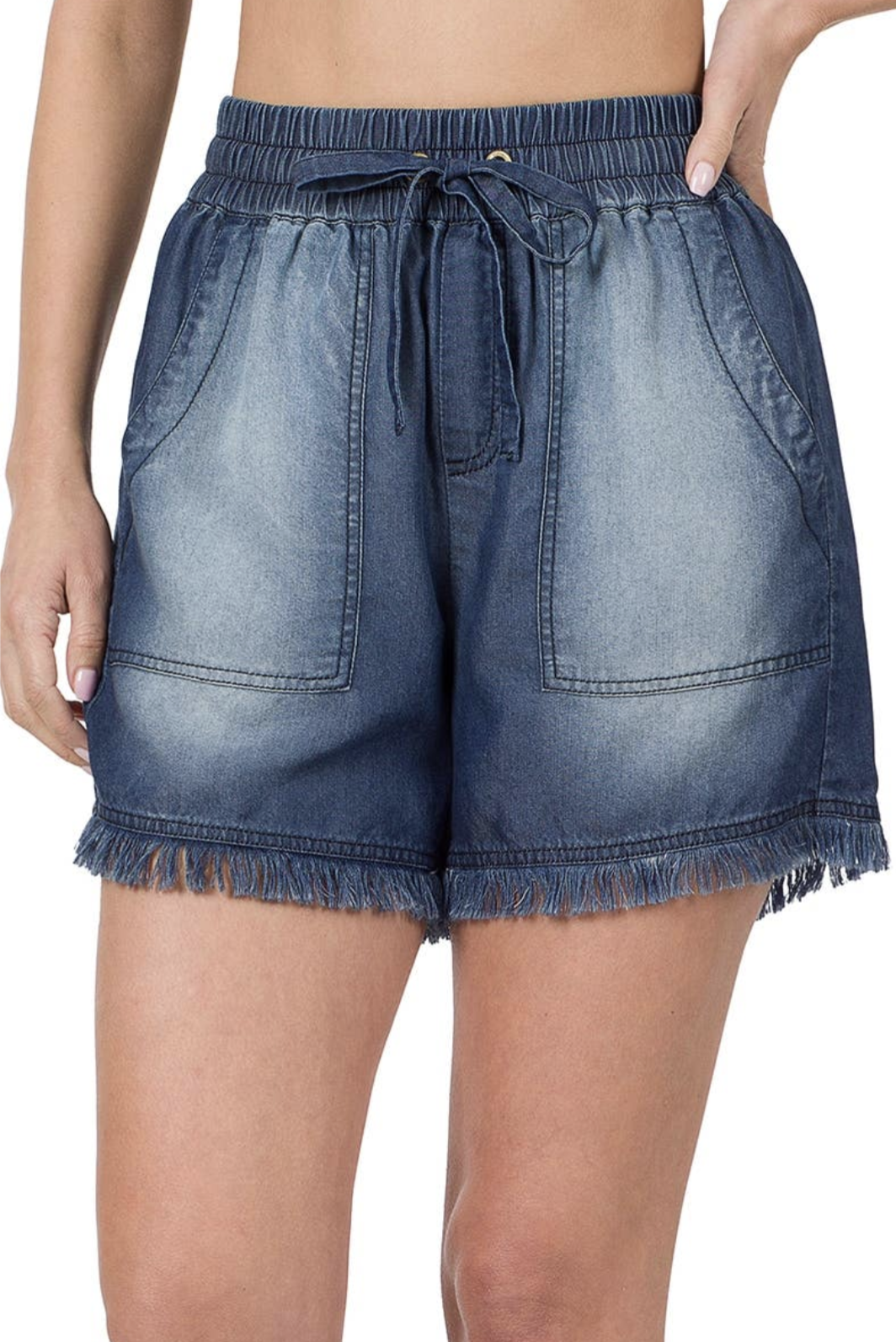 Chambrary Frayed Hem Shorts