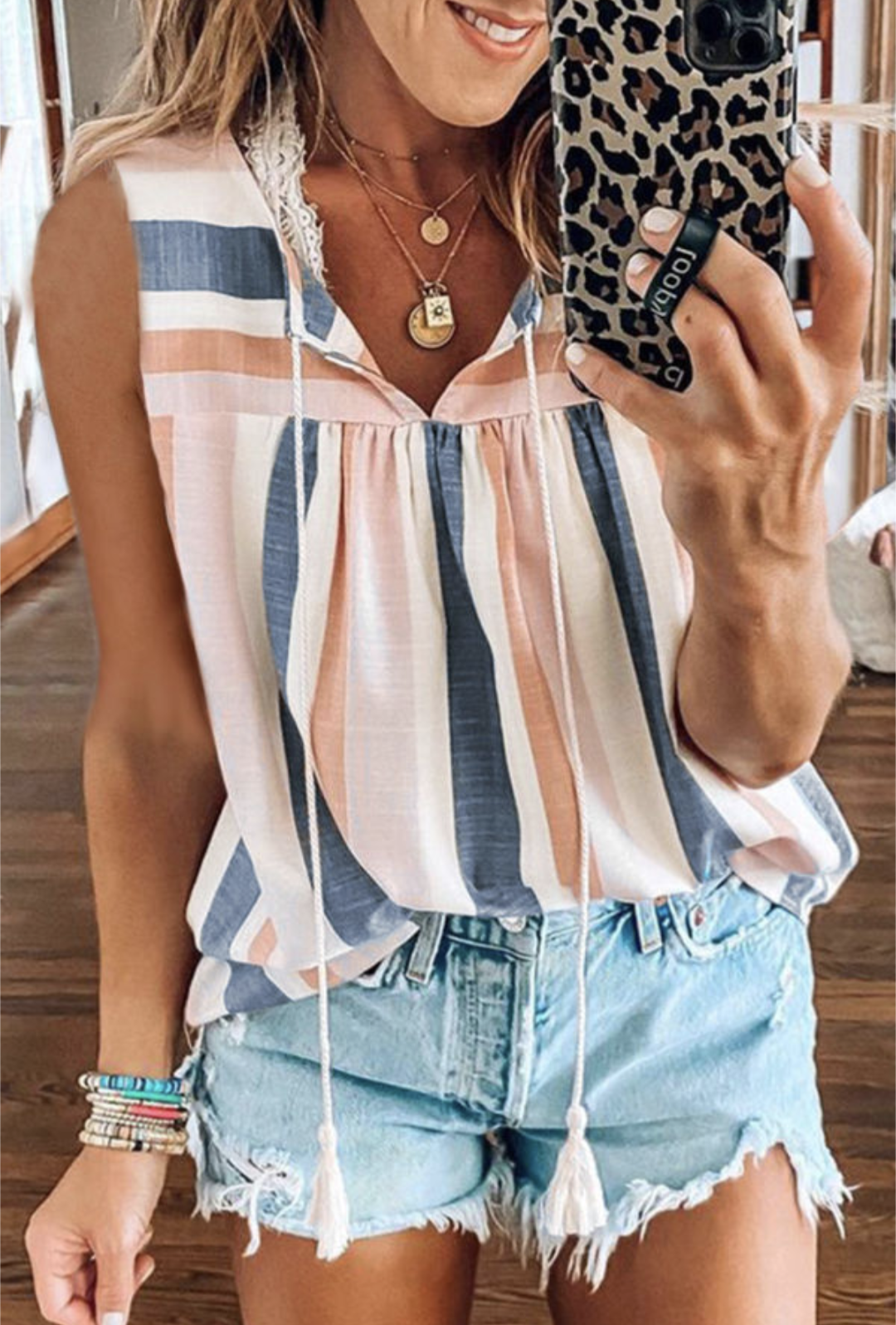 Multi color Split V Neck Striped Print Tank Top