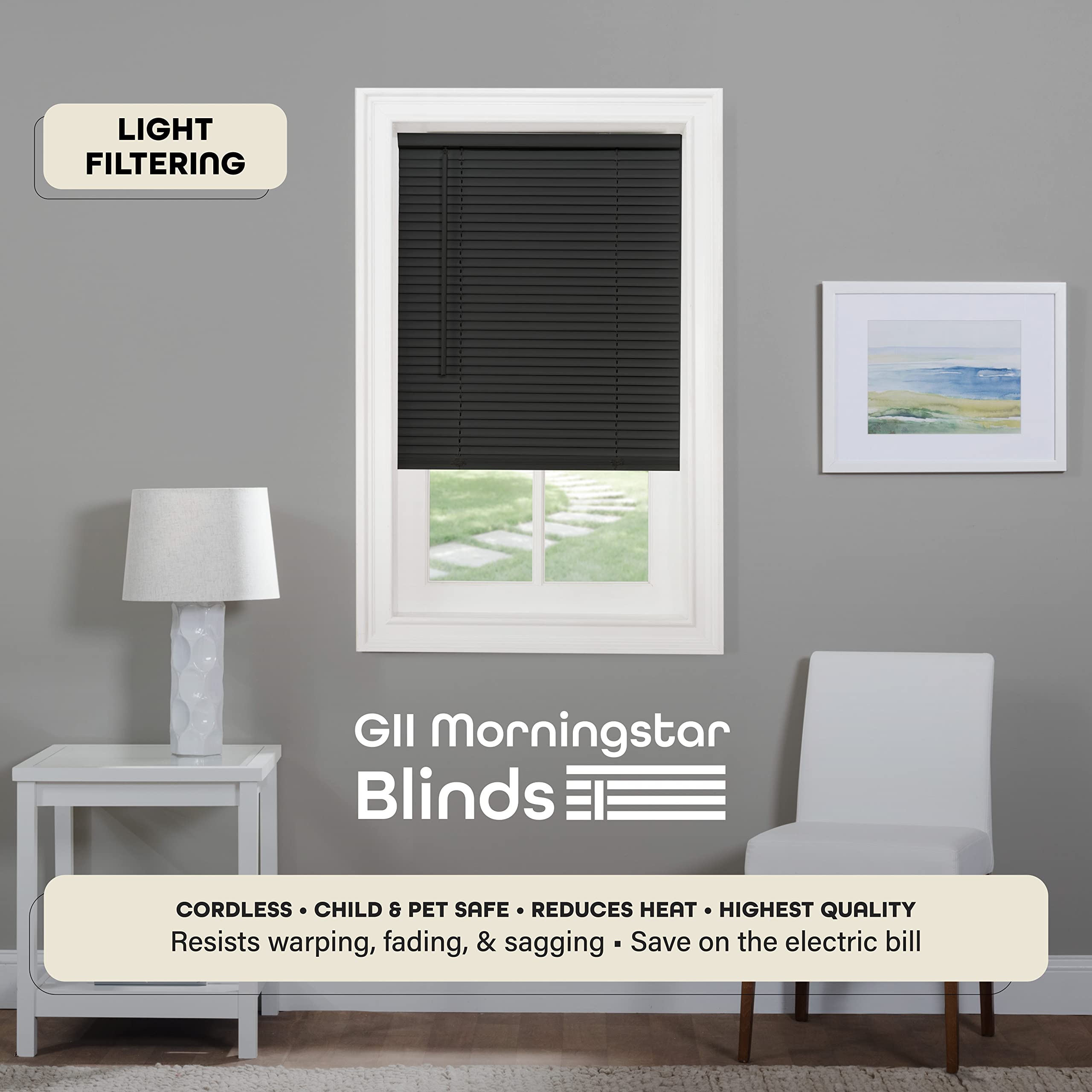 CasaFoyer Cordless GII Morningstar 1 PVC Blind | Light Filtering & Privacy | Child & Pet Safe | Easy Tilt Wand & Cordless Lift | Hidden Mounting Brackets | 35x64 | Black