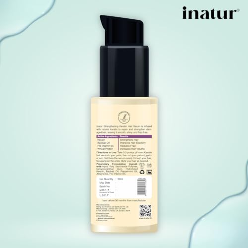 inatur Strengthening Keratin Hair Serum, Restores Shine, repairs Damaged Hair, Strengthens & Protects, Safe for Colour Treated Hair,50ml