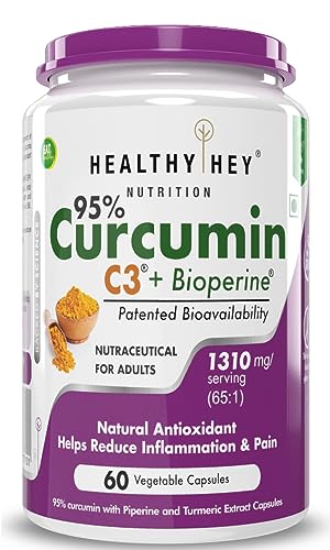 HealthyHey Nutrition Curcumin with Bioperine 1310mg (Ultra Pure) | Organic Turmeric, 60 Vegetable Capsules with Piperine