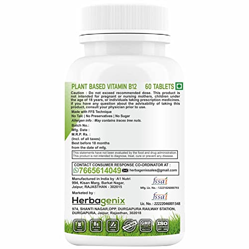 HERBAGENIX Vitamin b12 Supplements With Alpha Lipoic Acid ALA, Vit d (as d3), And Super Foods, No Sut Energy Metabolism And Nerve Strength- 60 Tablets