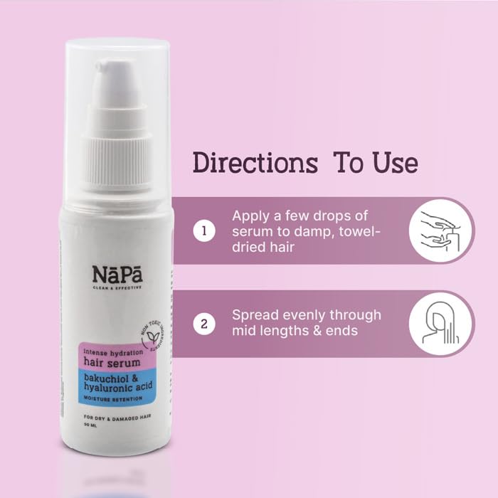 NaPa Hair Serum for Frizzy Hair | Intense Hydration with Bakuchiol & Hyaluronic Acid | Control Frizz/Add Shine/Detangle/Smoothen Rough Ends | 50ML