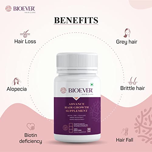 Bioever Advance Hair Growth Supplement Biotin, Green tea Extratract,Grape Seed Extract for Hair Grownd Fights Nail 30 Biotin Tablets for men and women