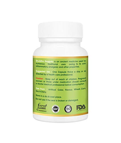 SHUDDHA GUGGULU 500 mg, Pack Of 60 Capsules, 100% Natural, Ayurveda Herb, Health, Dietary, Herbal, Nutrition Supplements (Pack of 1)