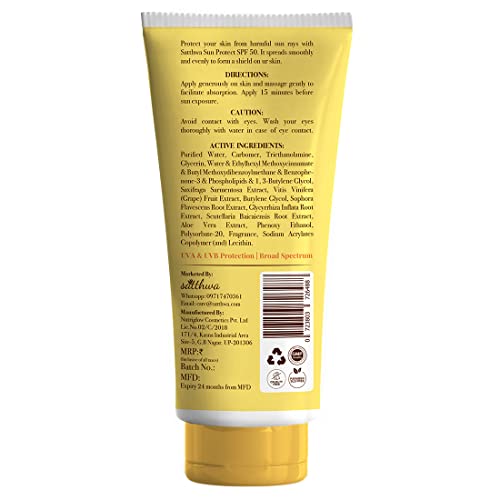 Satthwa Sun Protect SPF 50 - Water Based Sunscreen, Non Oily with Grapefruit & Aloevera (100ml)