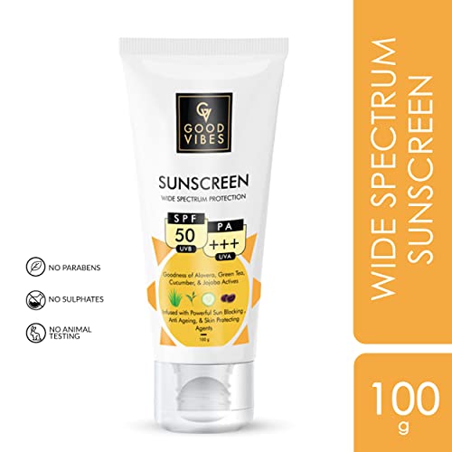 Good Vibes Wide Spectrum Protection Sunscreen With SPF 50 (100 g)| Sun Protection For All Skin TypesGreasy, Anti-Ageing | With Aloe Vera | No Parabens