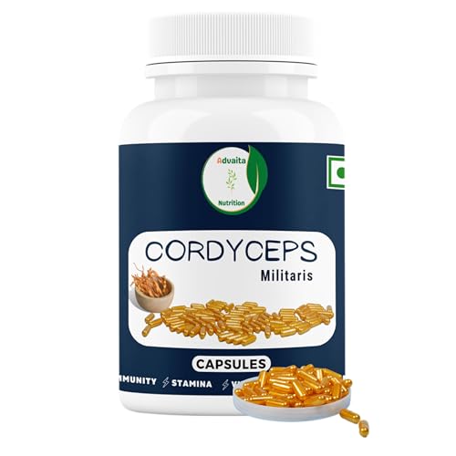 Cordyceps mushroom capsule (Cordy militaris) from Advaita Nutrition for Immunity, Strenght, Power,sta of man and women Pack of 60 (500mg) Veg Capsules