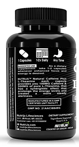 NutriJa Natural Caffeine 100MG Plus L-Theanine 200MG | Promotes Energy, Alertness,Concentration & inormance stack- no crash or jitters. (120 Capsules)