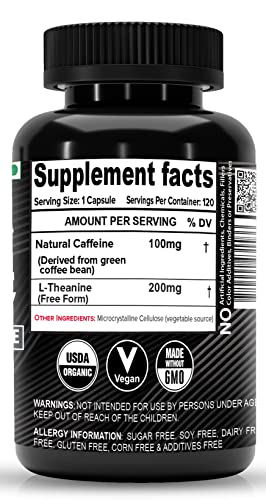 NutriJa Natural Caffeine 100MG Plus L-Theanine 200MG | Promotes Energy, Alertness,Concentration & inormance stack- no crash or jitters. (120 Capsules)