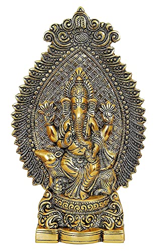 Nexplora Industries Pvt. Ltd. Metal Ganesh Idol Ganpati Sitting On Mouse Statue, Height 27 cm, Gold Antique, 1 Piece