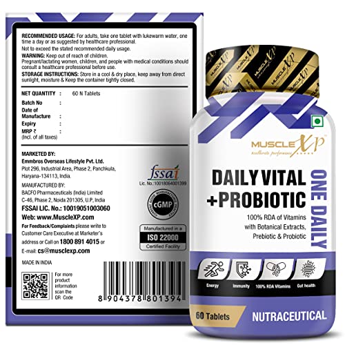 MuscleXP Daily Vital + Probiotic One Daily, 100% RDA Of Vitamins With Botanical Extracts, Prebiotic & Probiotic, 60 Tablets (Pack of 1)