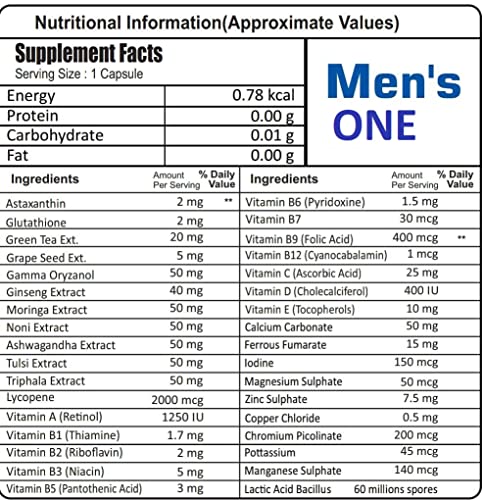 Mens One Multivitamin with Gamma Oryzonol for Men Enhanced Energy Essential Blends Zinc all Vitamin y Best for Brain Heart & Eye Health .(60 CAPSULE )