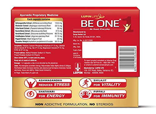 BE ONE 100% Ayurvedic Energy and Immunity Health Supplement, Orange,Pack of 30 Count capsules