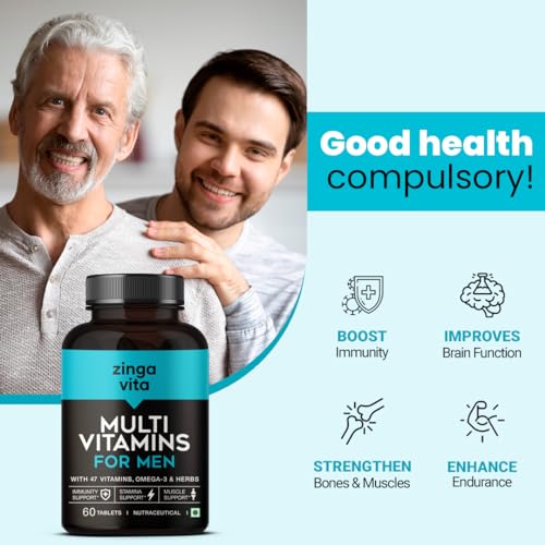 Zingavita Multivitamin Tablets for Men with 47 Essential Vitamins, Omega 3, Calcium, Zinc & Magnesiut Immunity, Strengthen Bones & Joints - 60 Tablets