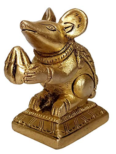 Purpledip Brass Statue Ganesha Vahana Mooshak: Collectible Idol Mouse with Modak (12262)