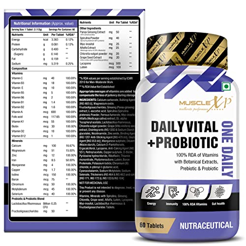 MuscleXP Daily Vital + Probiotic One Daily, 100% RDA Of Vitamins With Botanical Extracts, Prebiotic & Probiotic, 60 Tablets (Pack of 1)