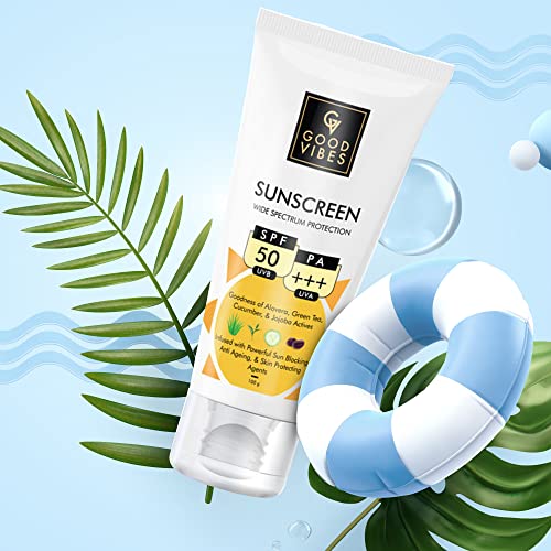 Good Vibes Wide Spectrum Protection Sunscreen With SPF 50 (100 g)| Sun Protection For All Skin TypesGreasy, Anti-Ageing | With Aloe Vera | No Parabens