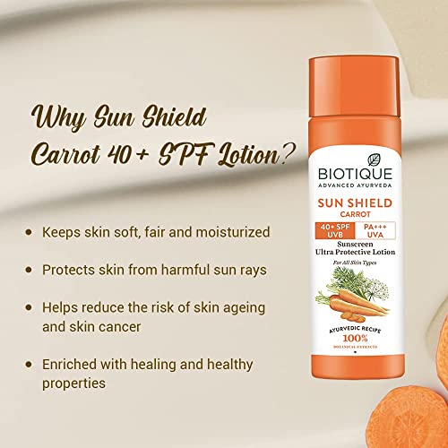 Biotique Carrot Face & Body Sun Lotion | SPF 40 UVA/UVB Sunscreen | Prevents Ageing and Soothes Dry cal Extracts | Suitable for All Skin Types | 120ml