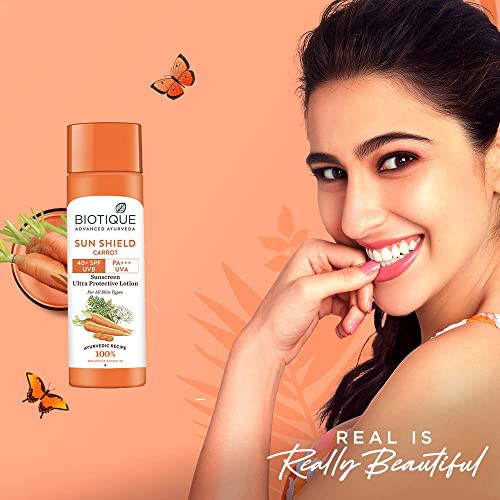 Biotique Carrot Face & Body Sun Lotion | SPF 40 UVA/UVB Sunscreen | Prevents Ageing and Soothes Dry cal Extracts | Suitable for All Skin Types | 120ml