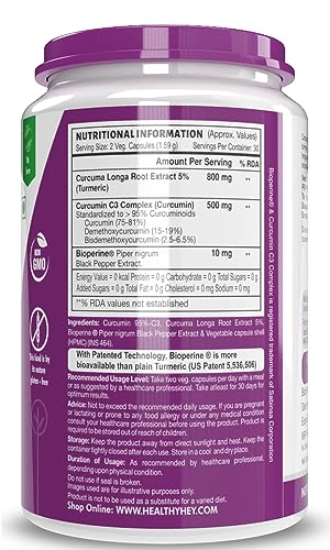 HealthyHey Nutrition Curcumin with Bioperine 1310mg (Ultra Pure) | Organic Turmeric, 60 Vegetable Capsules with Piperine