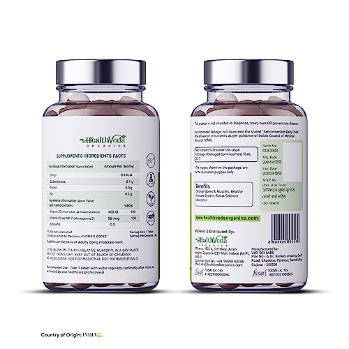 Health Veda Organics Vitamin D3 (400 IU) + Vitamin K2 as MK7 Supplement (55mcg) | 60 Veg Tablets | Ssts Immune System & Joint Health | For Men & Women