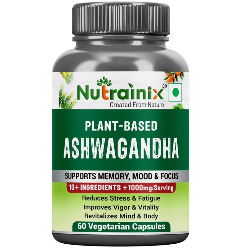 Nutrainix Plant-Based Ashwagandha with 10+ Ingredients | Extra Strength Natural Formulation | For Men & Women - 60 Vegetarian Capsules