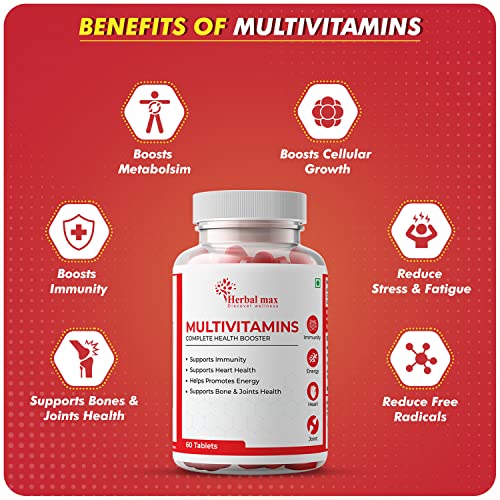 Herbal max Multivitamins, With Zinc, Vitamin C, Vitamin D3 and Multiminerals, Antioxidant-Rich, Stregredients, 60 Multivitamin Tablets for men & women