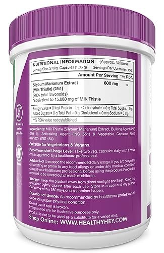 HealthyHey Nutrition Milk Thistle Capsules for Liver Health - High Strenght - 600mg Extract - 300 Veg. Capsules