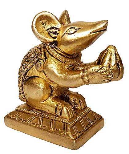 Purpledip Brass Statue Ganesha Vahana Mooshak: Collectible Idol Mouse with Modak (12262)