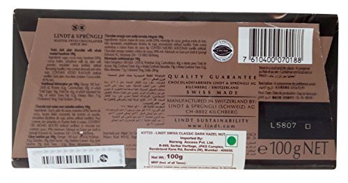 Lindt Swiss Classic Dark Chocolate - Roasted Hazelnuts, 100g Carton