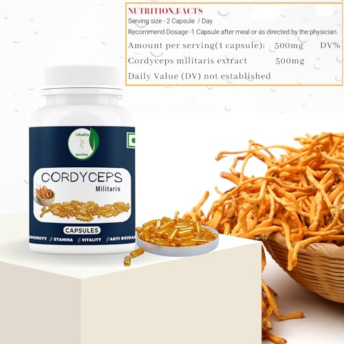 Cordyceps mushroom capsule (Cordy militaris) from Advaita Nutrition for Immunity, Strenght, Power,sta of man and women Pack of 60 (500mg) Veg Capsules