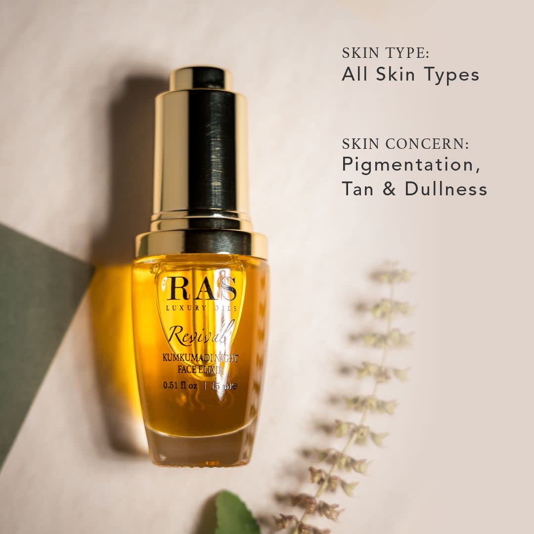 RAS Luxury Oils Revival Kumkumadi Night Face Elixir; Enriched With Saffron ; Reduces Signs of Ageing, Wrinkles, and Fine Lines, Hydrates Skin (15 ML)