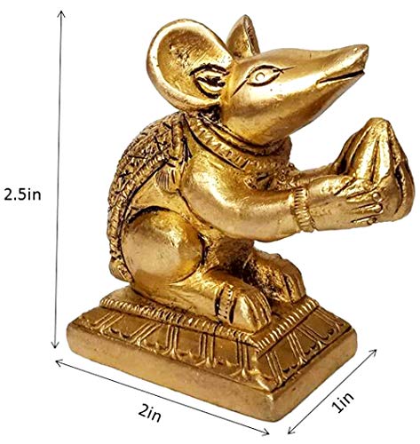 Purpledip Brass Statue Ganesha Vahana Mooshak: Collectible Idol Mouse with Modak (12262)