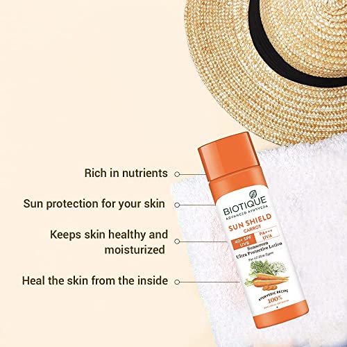 Biotique Carrot Face & Body Sun Lotion | SPF 40 UVA/UVB Sunscreen | Prevents Ageing and Soothes Dry cal Extracts | Suitable for All Skin Types | 120ml