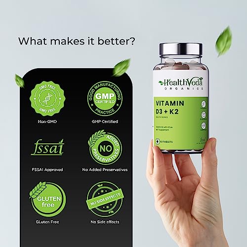 Health Veda Organics Vitamin D3 (400 IU) + Vitamin K2 as MK7 Supplement (55mcg) | 60 Veg Tablets | Ssts Immune System & Joint Health | For Men & Women