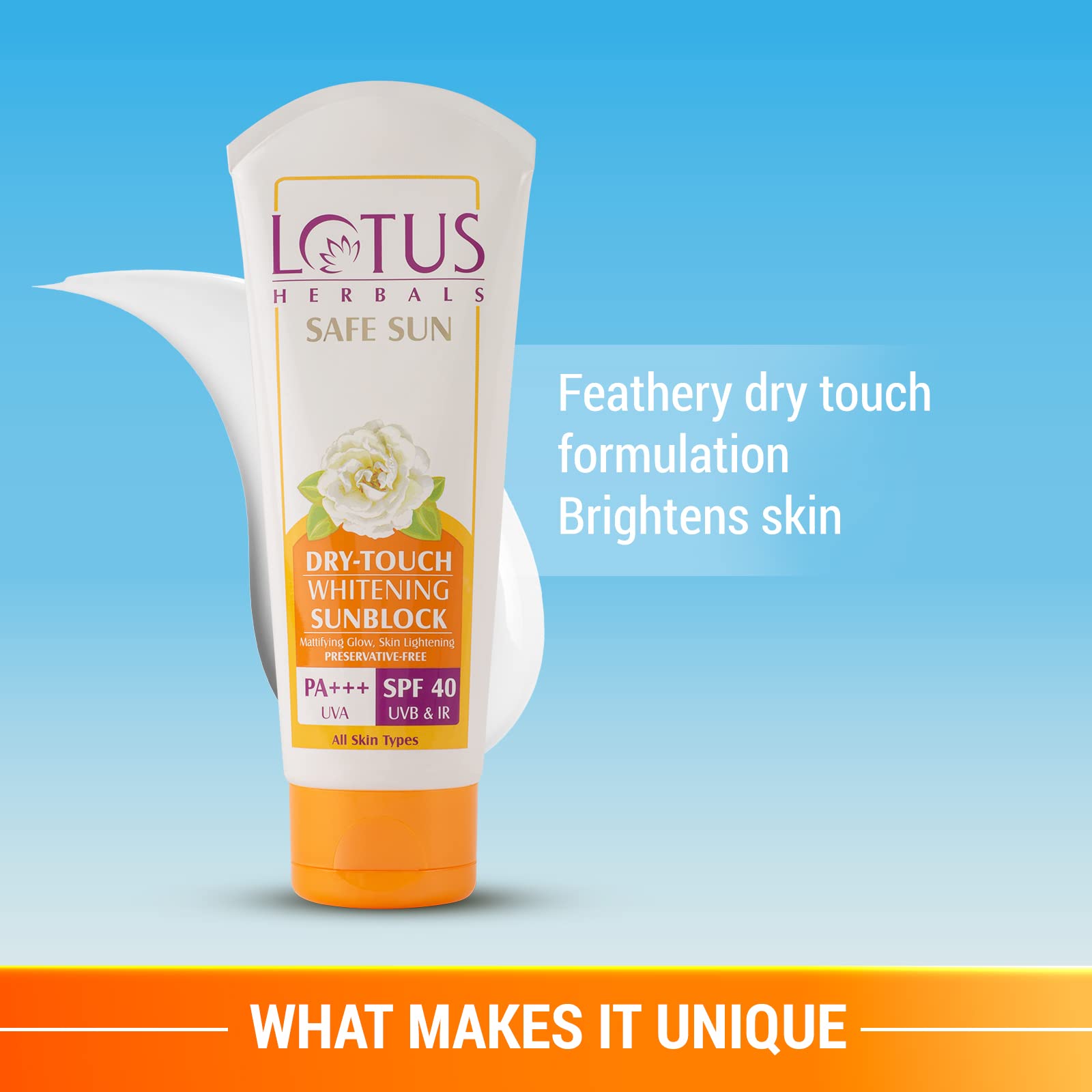 Lotus Safe Sun Dry Touch Whitening Sunscreen SPF 40 PA+++, UVA, UVB & IR Protection, Skin Brightenin Preservatives Free, No white cast , Non-Oily, 50g