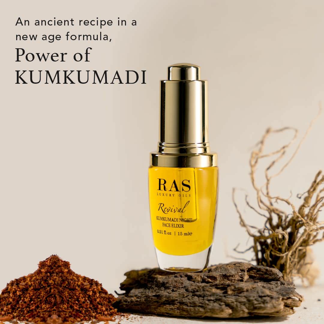 RAS Luxury Oils Revival Kumkumadi Night Face Elixir; Enriched With Saffron ; Reduces Signs of Ageing, Wrinkles, and Fine Lines, Hydrates Skin (15 ML)