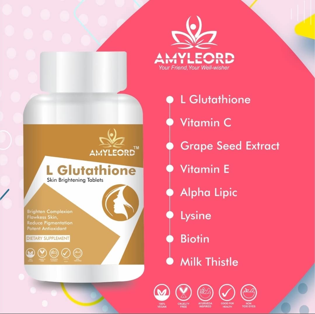 Amyleord L - Glutathione Tablets with Vitamin C & E, Biotin, Milk Thistle, Grape Seed Extract for Help to Skin Glow and Hydration (120 count)
