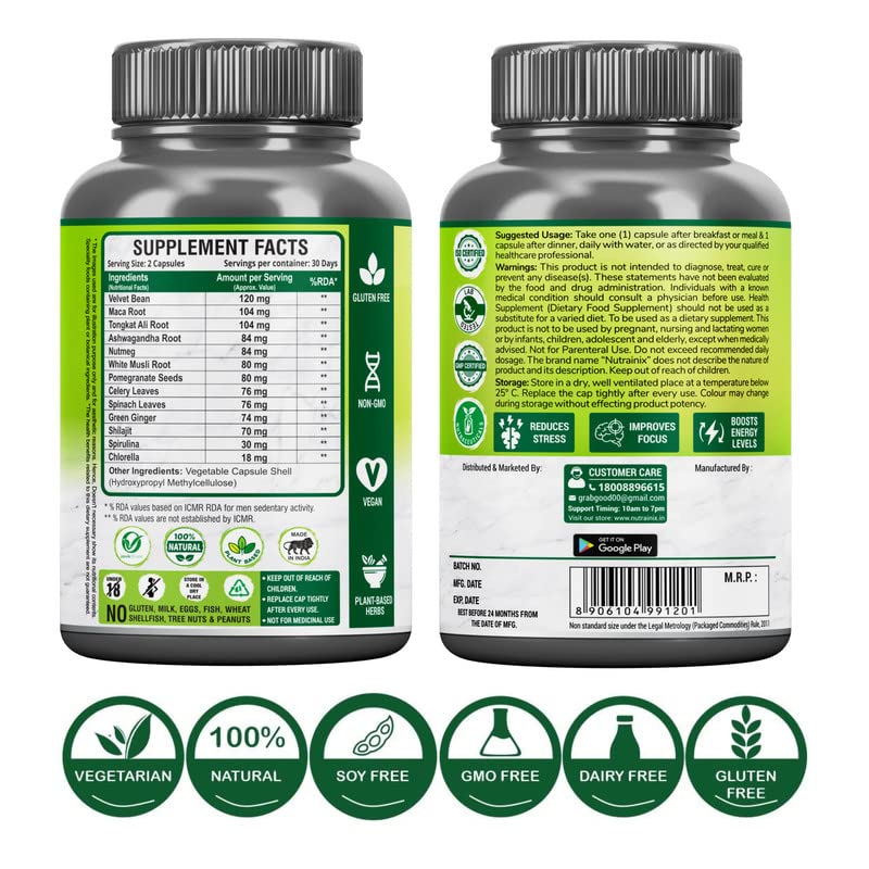 Nutrainix Plant-Based Ashwagandha with 10+ Ingredients | Extra Strength Natural Formulation | For Men & Women - 60 Vegetarian Capsules