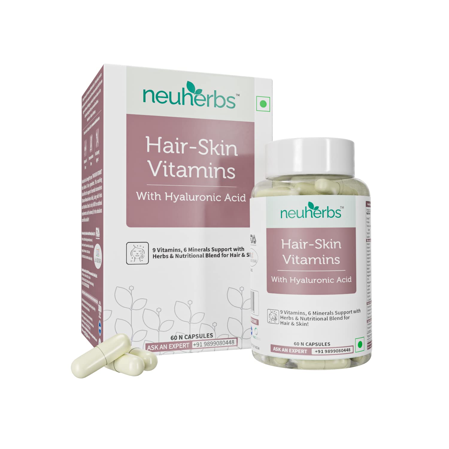 Neuherbs Hair Skin Vitamins Supplement with Hyaluronic Acid, Biotin, Keratin booster for hair growthathione & Collagen- 120 Capsules for Men and Women