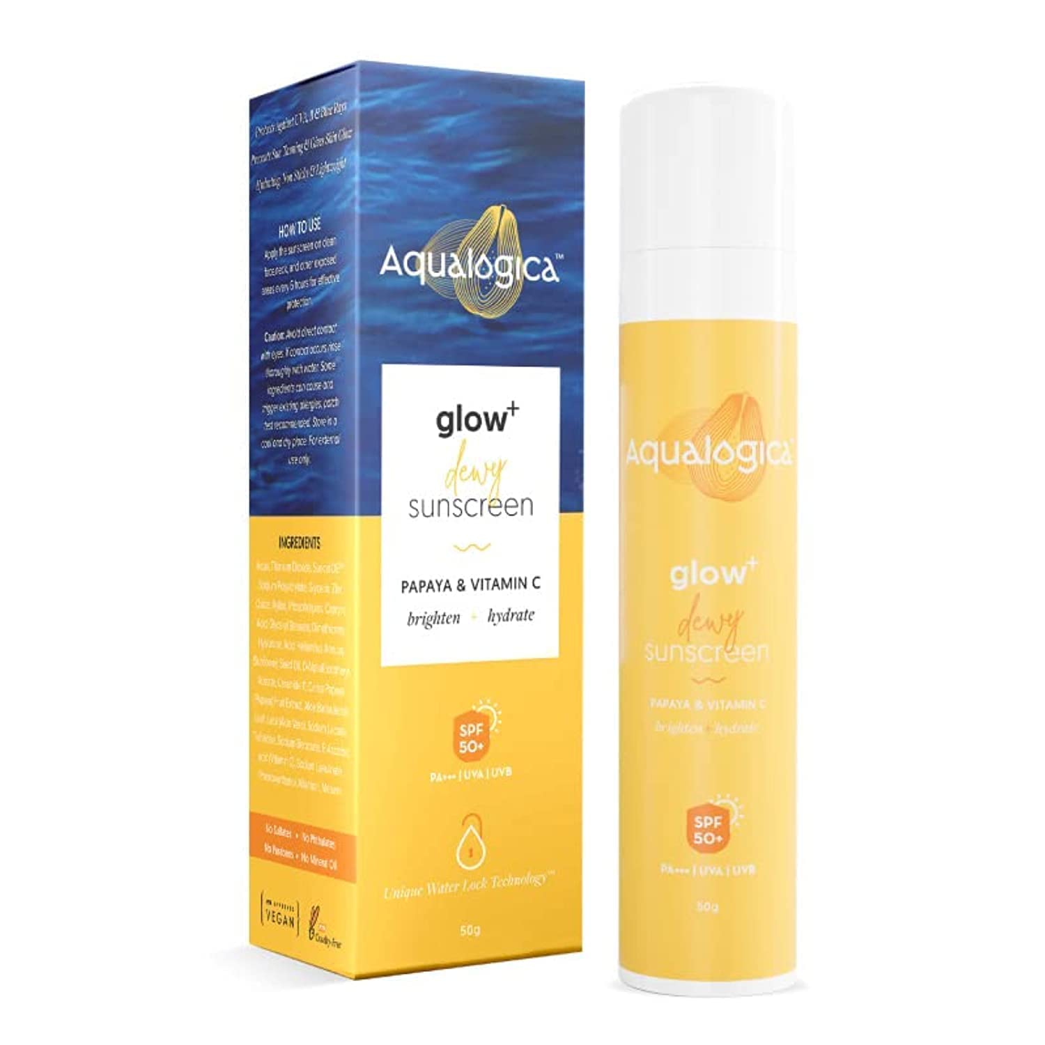 Aqualogica Glow+ Dewy Sunscreen SPF 50 PA+++ | UVA/B & Blue Light Protection for Men & Women | Oily,ensitive & Combination Skin | Fragrance-Free | 50g