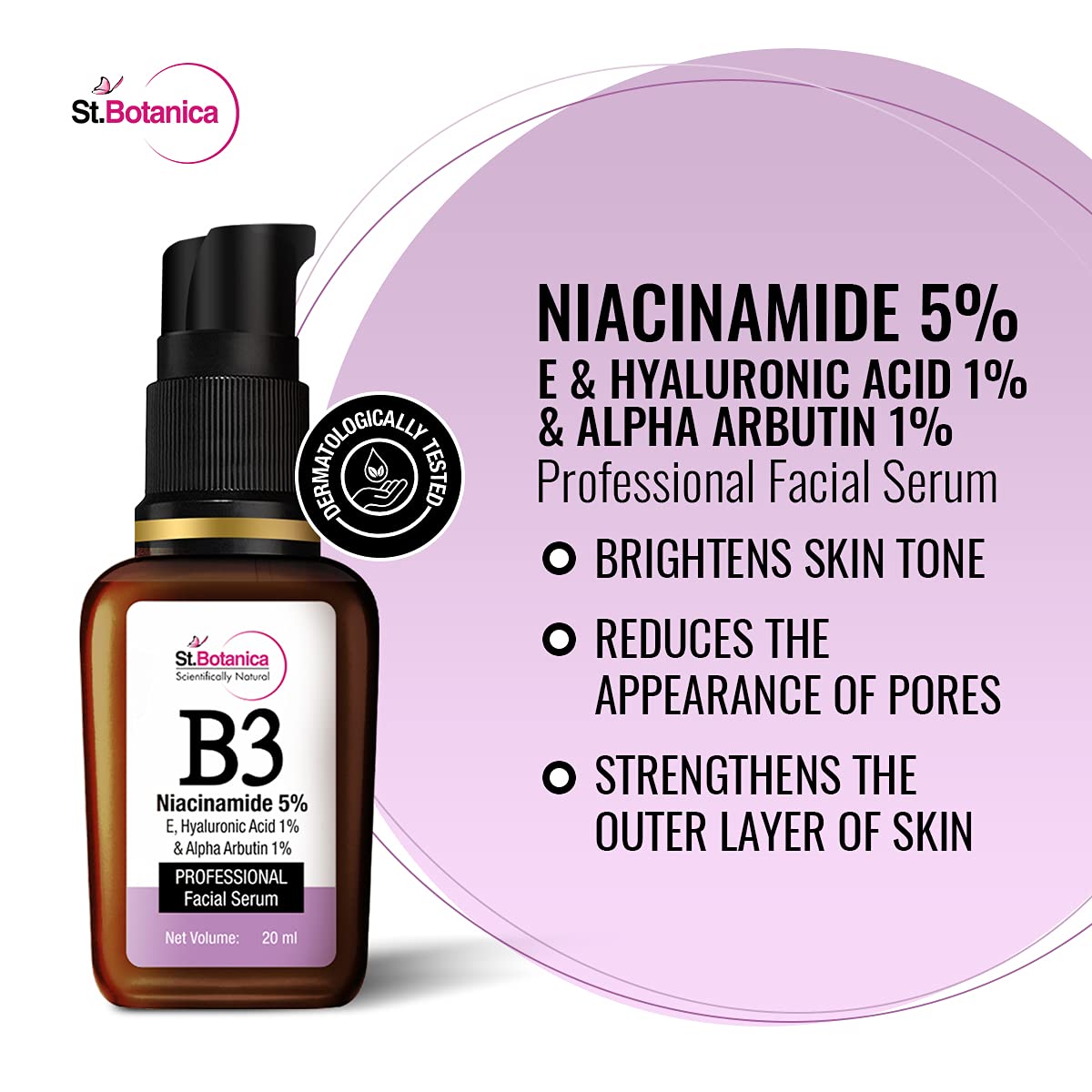 St.Botanica Niacinamide 5%, E + HA + Alpha Arbutin Face Serum, 20ml with 5% Niacinamide, Hyaluronic Acid | No Parabens & Sulphates | Vegan