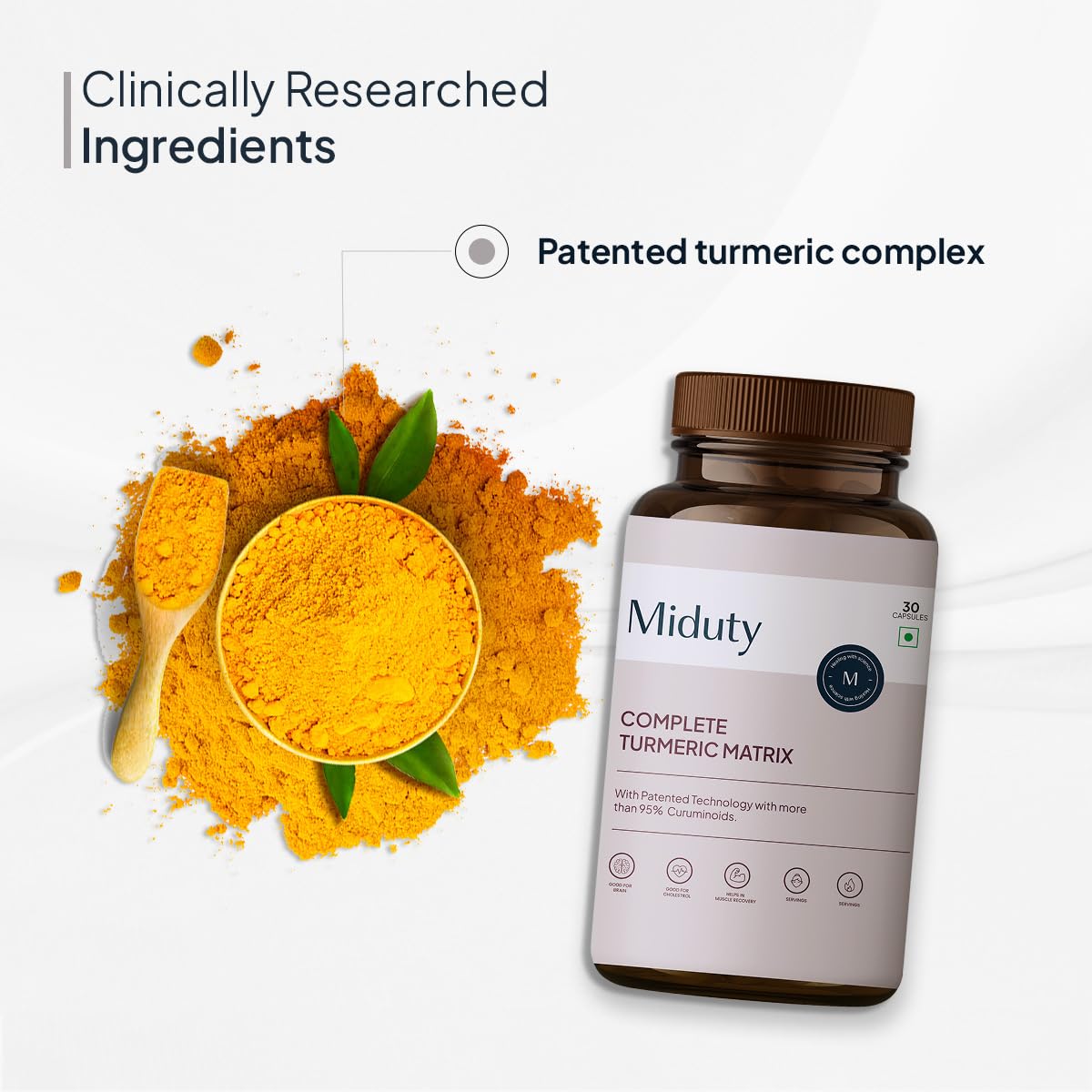 Miduty by Palak Notes Complete Turmeric Matrix Curcumin Capsules For Relieving Muscle Pain - Lower C Increase memory power - Skin Health - 30 Capsules