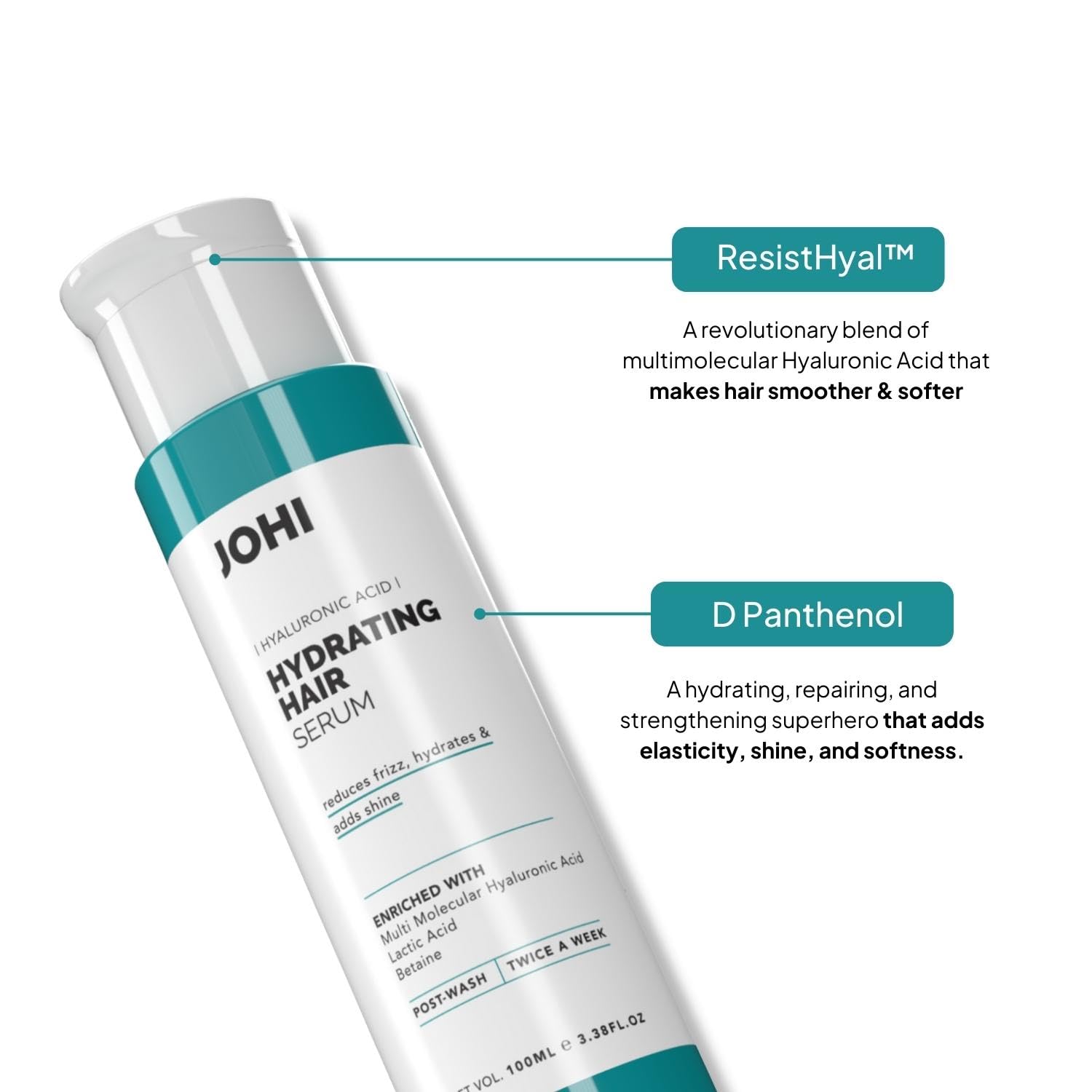 Johi Hydrating Hair Serum, Controls Frizz, Reduces Dryness & provides Shine, Contains Hyaluronic Aci(ResistHyal?), Suitable For All Hair Types, 100 ml