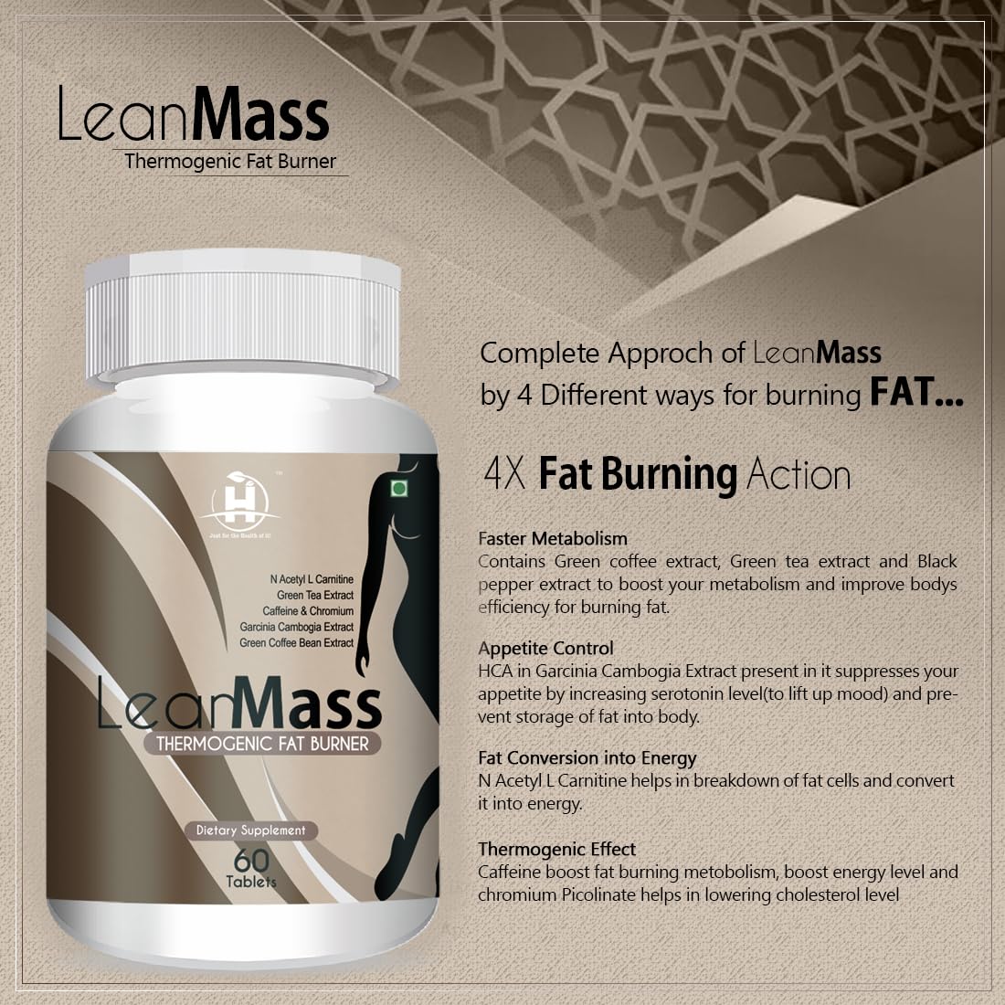 Healthy Nutrition Lean Mass Fat Burner for Men & Women with Green tea Extract, Garcinia Cambogia, Grromium | Weight & Fat loss supplement - 60 Tablets
